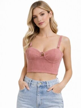 Rose Velvet Ribbed Bustier Crop Top Dusty Pink Corset Style NWT